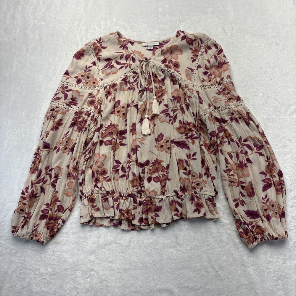 American Eagle Floral Boho Peasant Blouse XL Lace Trim Cottagecore Balloon Sleev